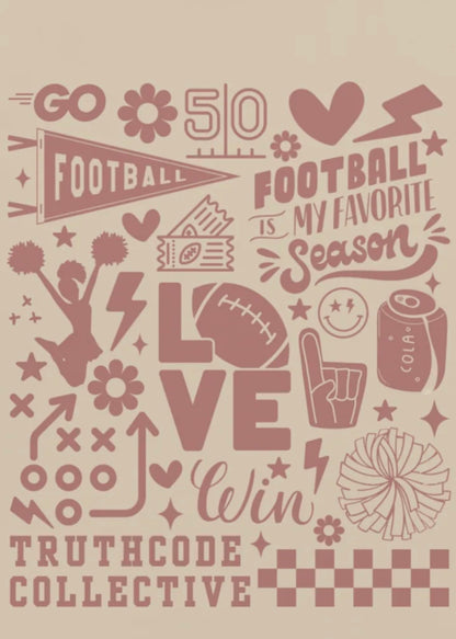 Close view of beige t-shirt with collection of football-themed graphics and text 'Football is my favorite season' 