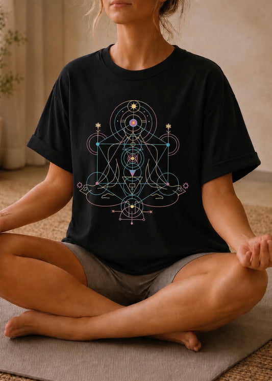 A woman sitting cross-legged in a meditative pose wearing a black t-shirt with a colorful geometric sacred geometry print on the front, paired with gray shorts.