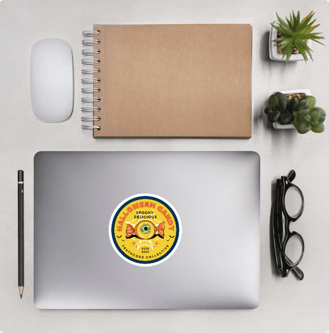 Aerial view of a desktop with laptop showing a circular sticker with eye design on a candy and text 'Halloween candy, spooky delicious'