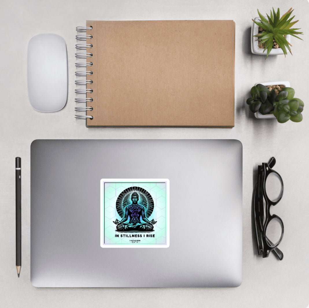 Aerial view of a desktop with laptop showing a squared sticker meditation graphic design and text 'In stillness I rise'