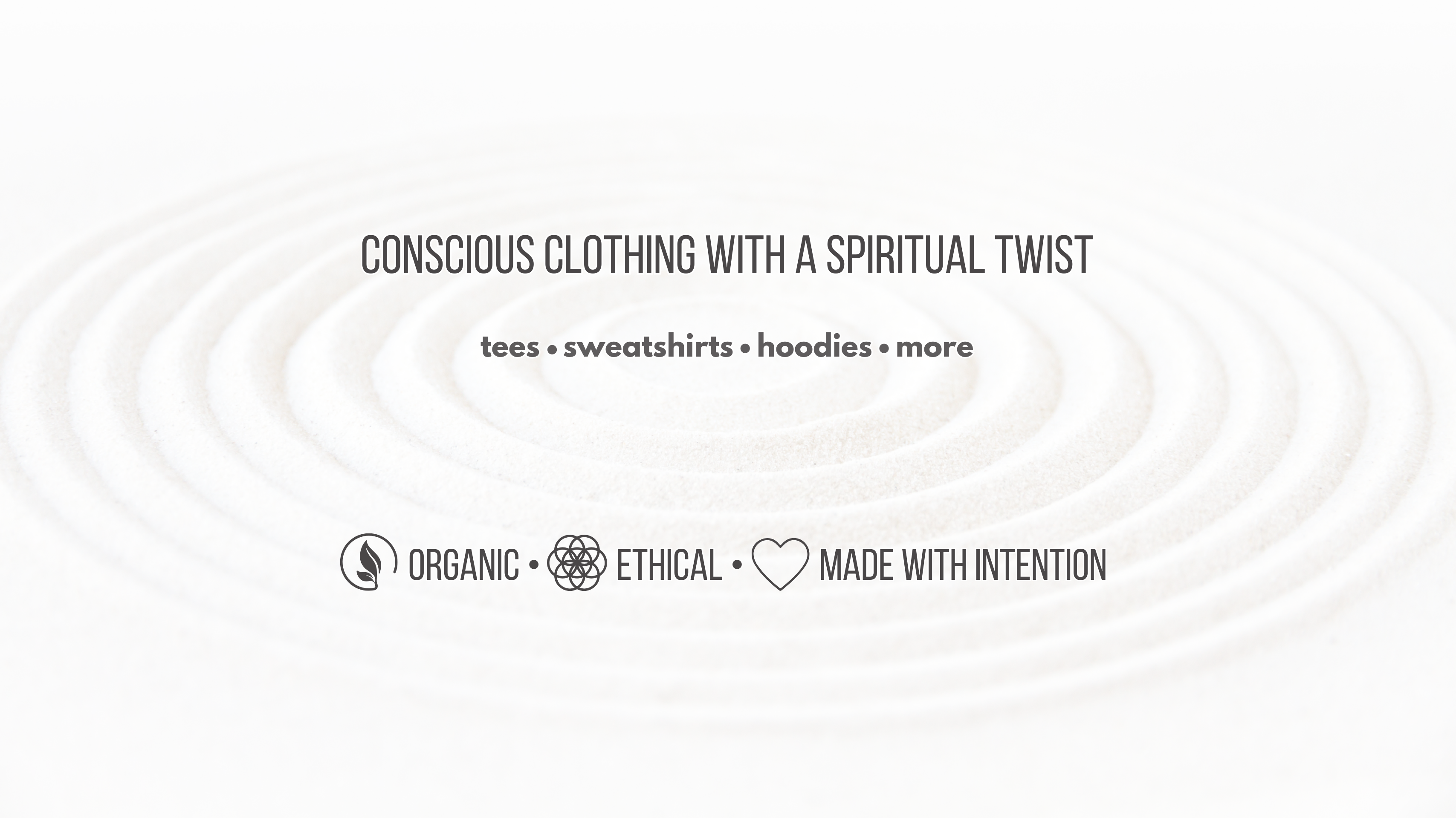 Text on a white background describing conscious clothing with a spiritual twist, including types of products and values.