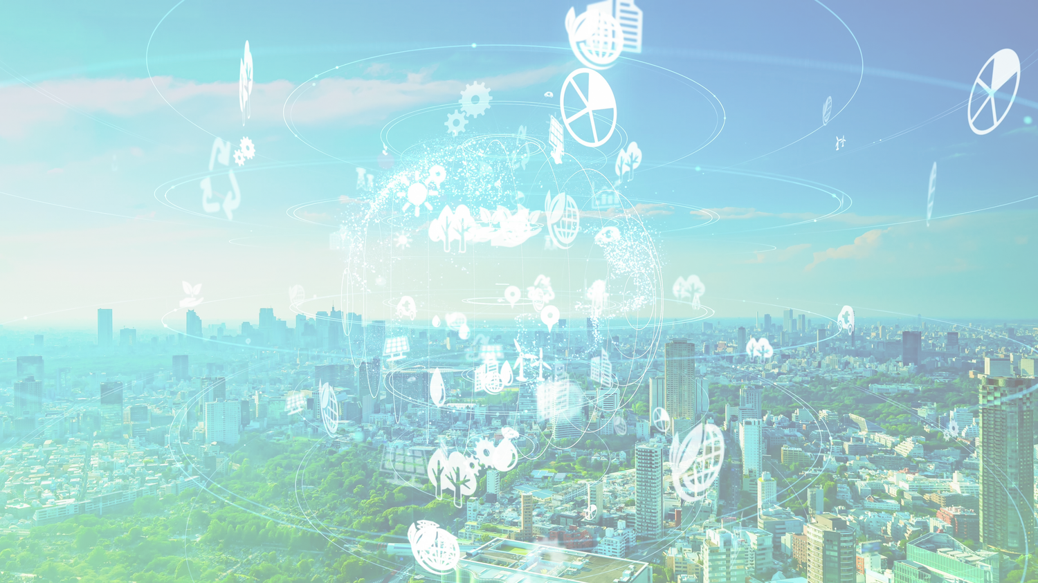 Futuristic cityscape with abstract elements and a gradient sky.