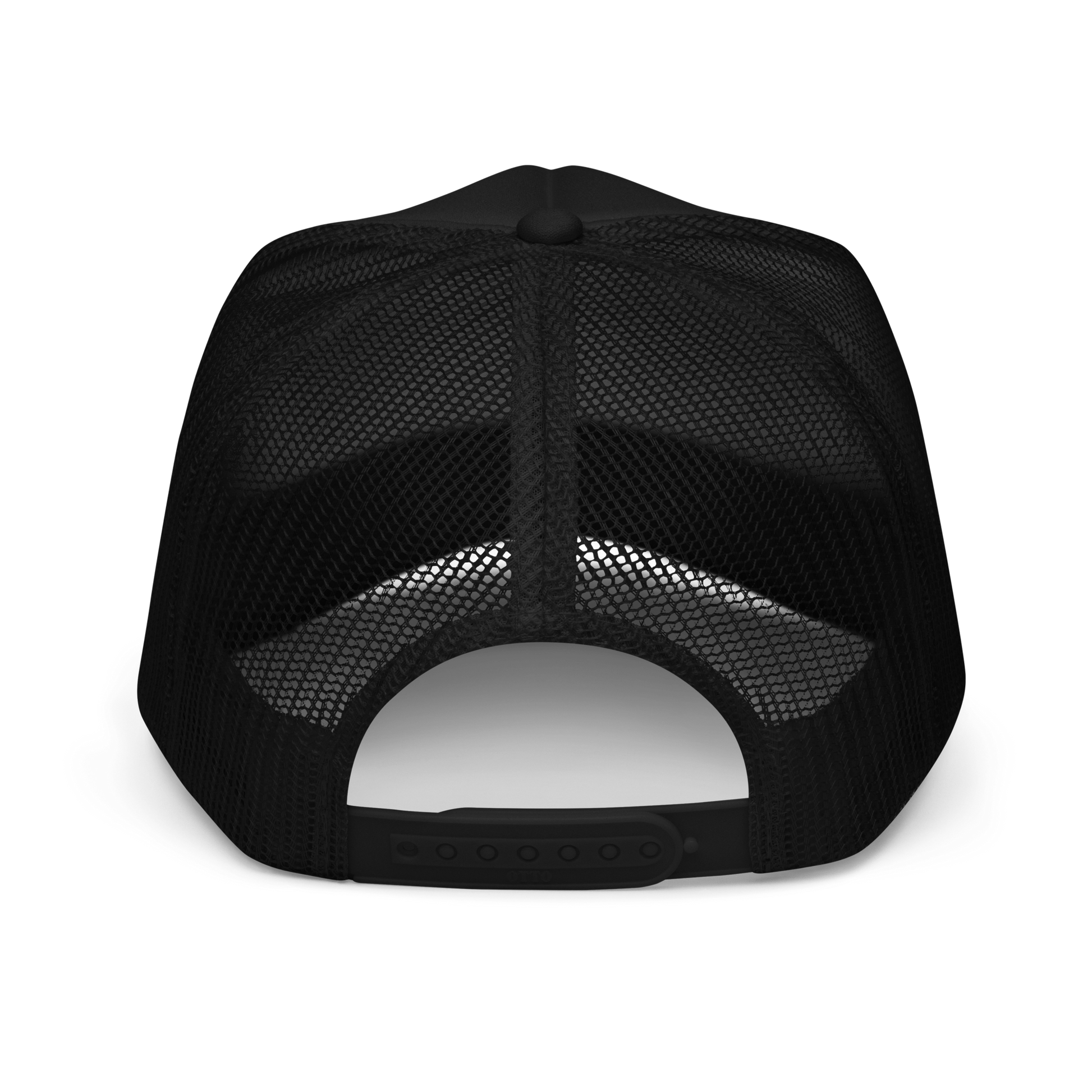 The back of a black mesh cap showing adjustable snaps 