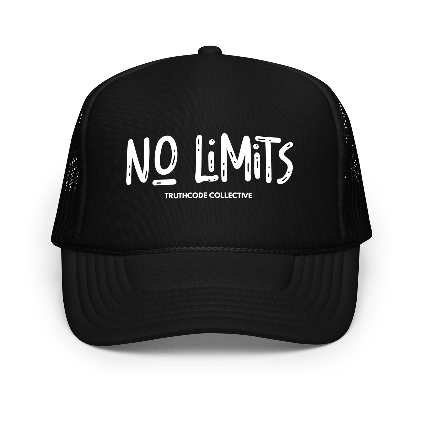 Black trucker hat with 'NO LIMITS' text in white lettering