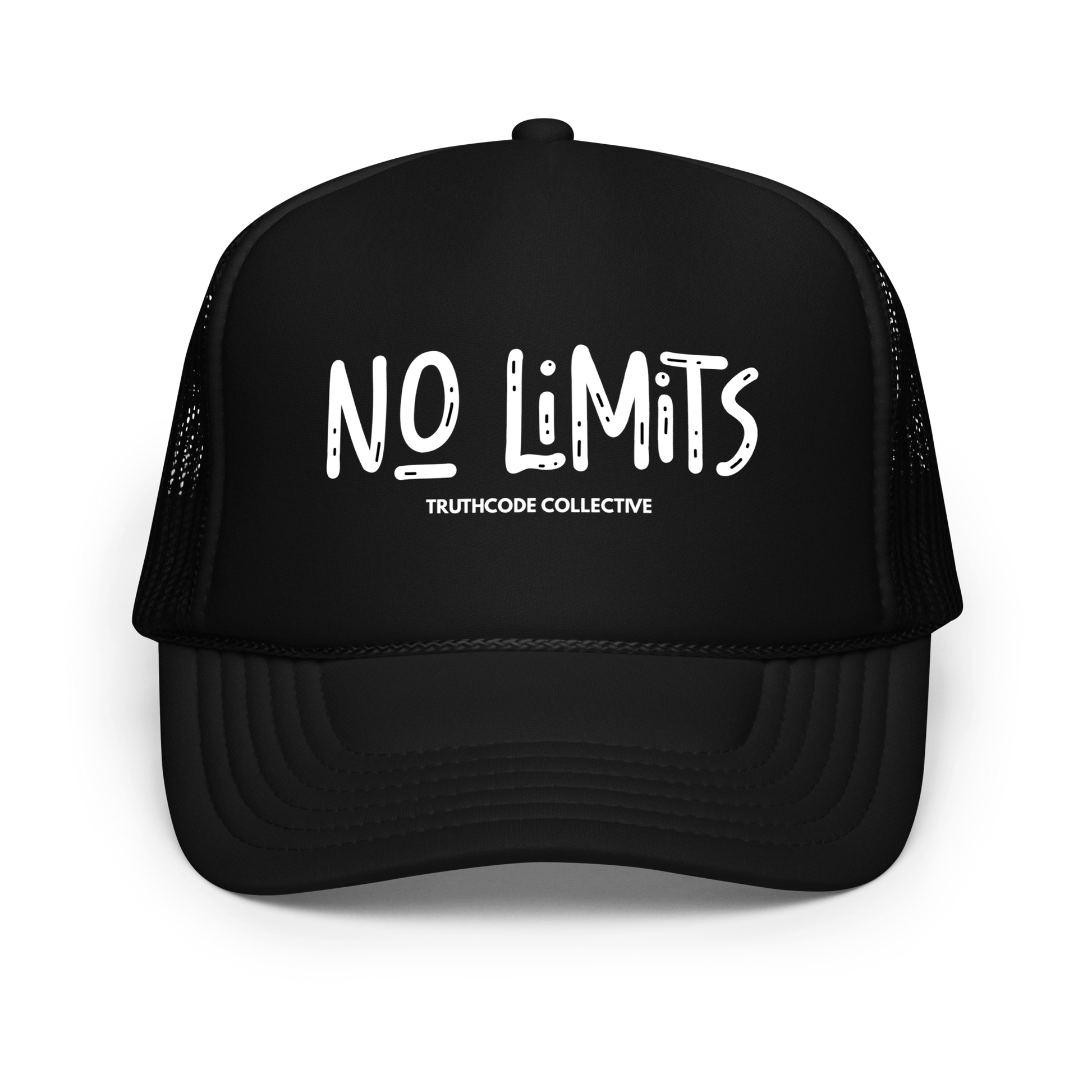 Black trucker hat with 'NO LIMITS' text in white lettering