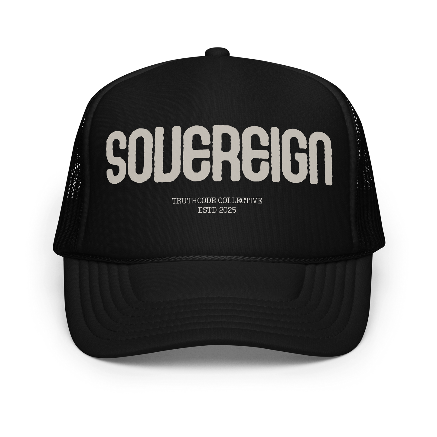 Black trucker cap with 'Sovereign' text on a white background