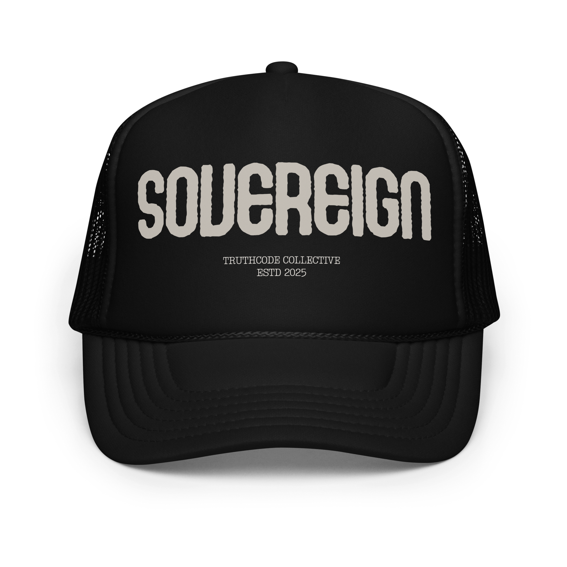 Black trucker cap with 'Sovereign' text on a white background