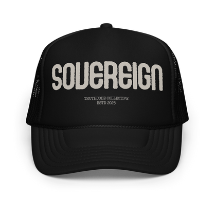 Black trucker cap with 'Sovereign' text on a white background