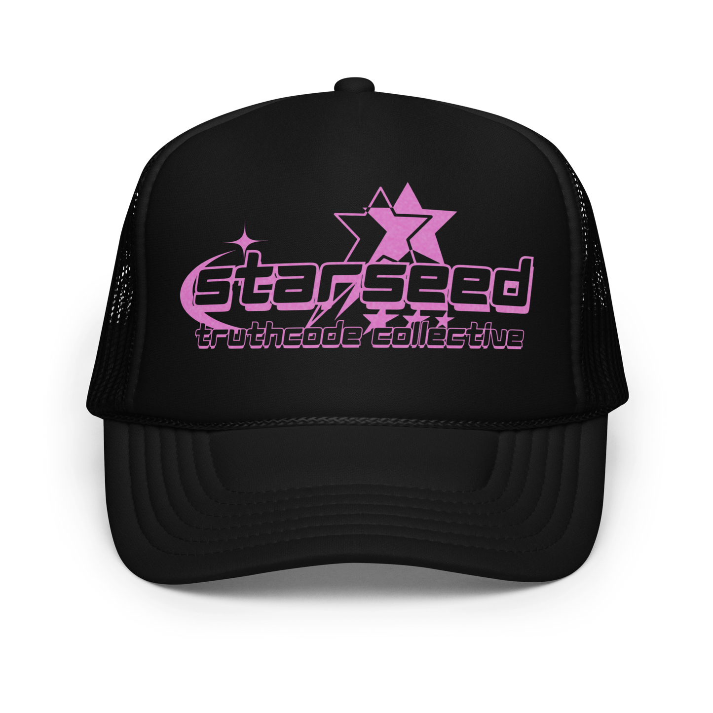 Black cap with pink 'starseed truthcode collective' logo on a white background