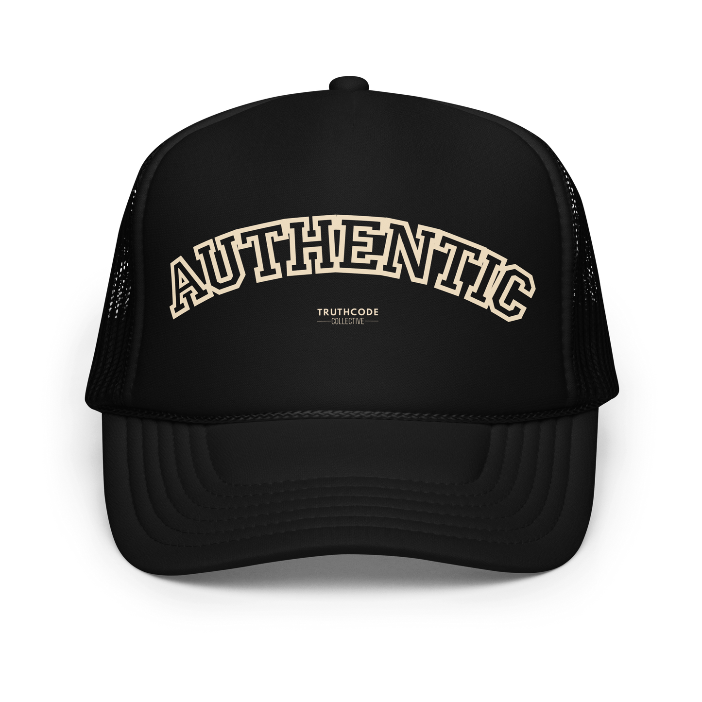 Black trucker cap with 'AUTHENTIC' text on a white background