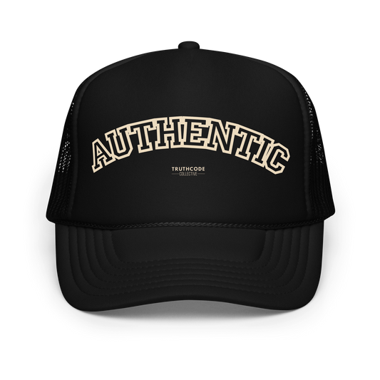 Black trucker cap with 'AUTHENTIC' text on a white background