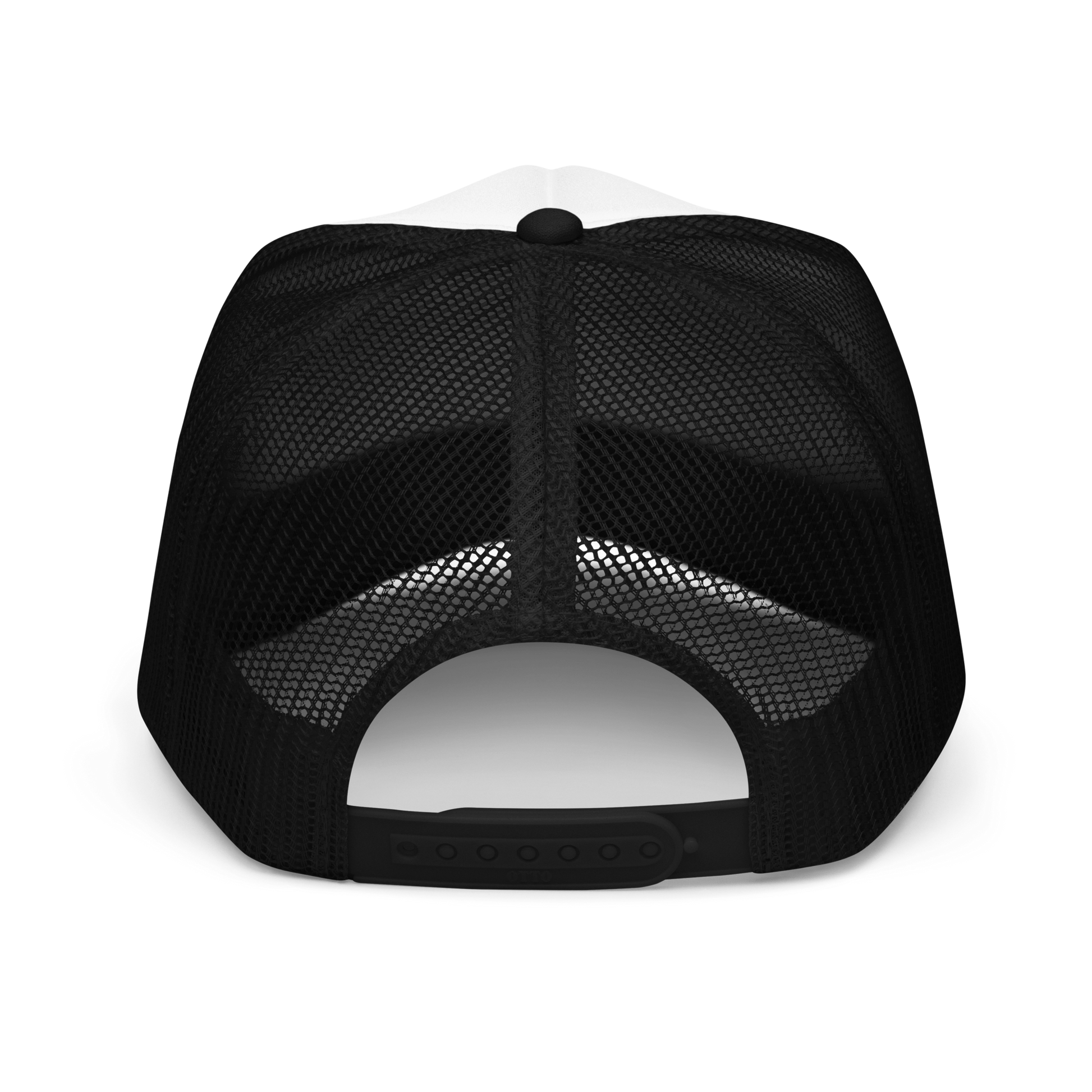 Back of black mesh trucker hat showing adjustable snaps
