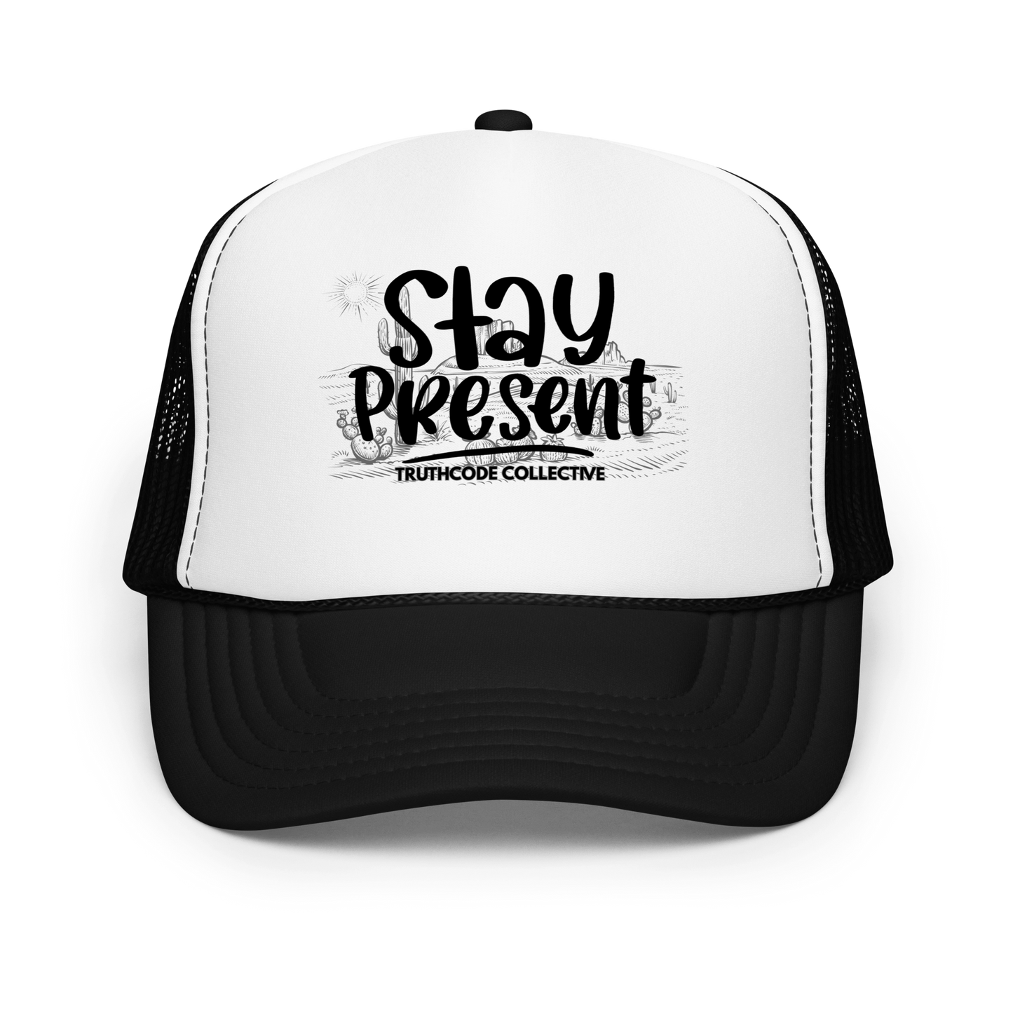 Black and white trucker hat with 'Stay Present' text 