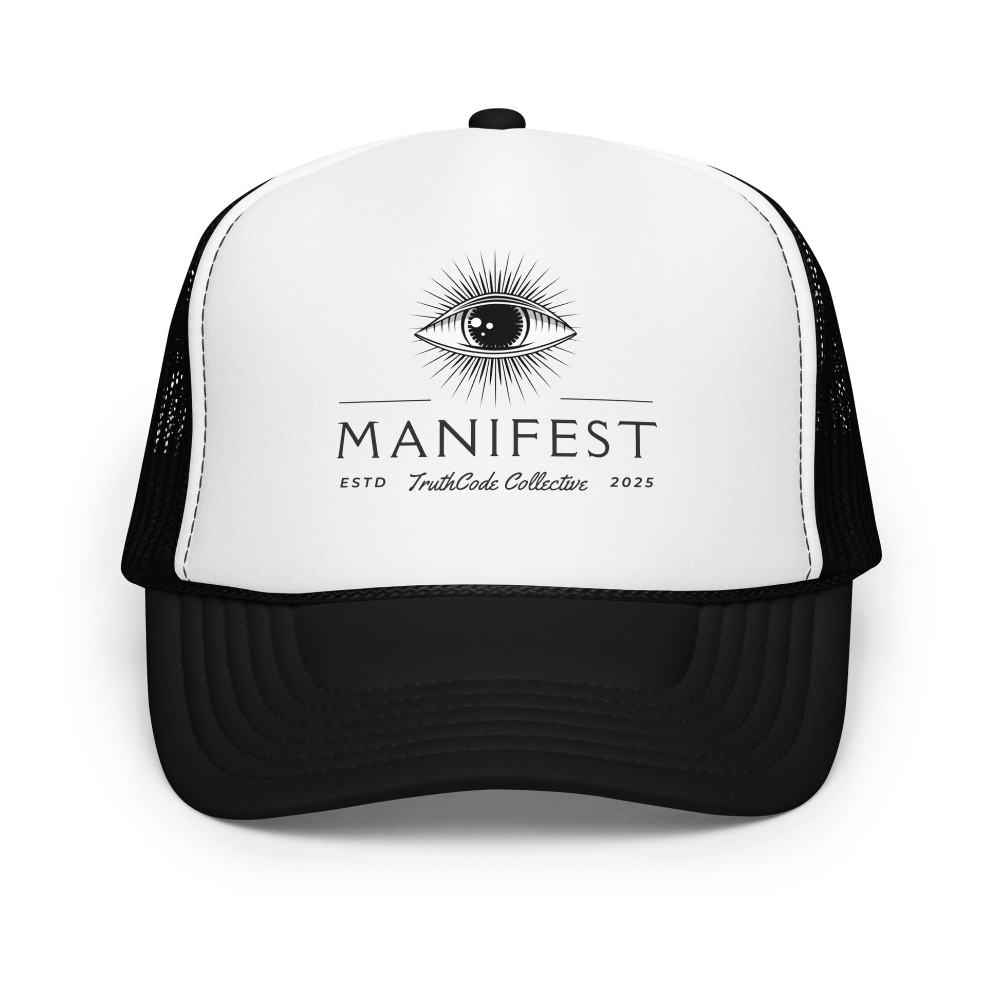 Black and white trucker hat with 'Manifest'  text and all seeing eye graphic design on a white background