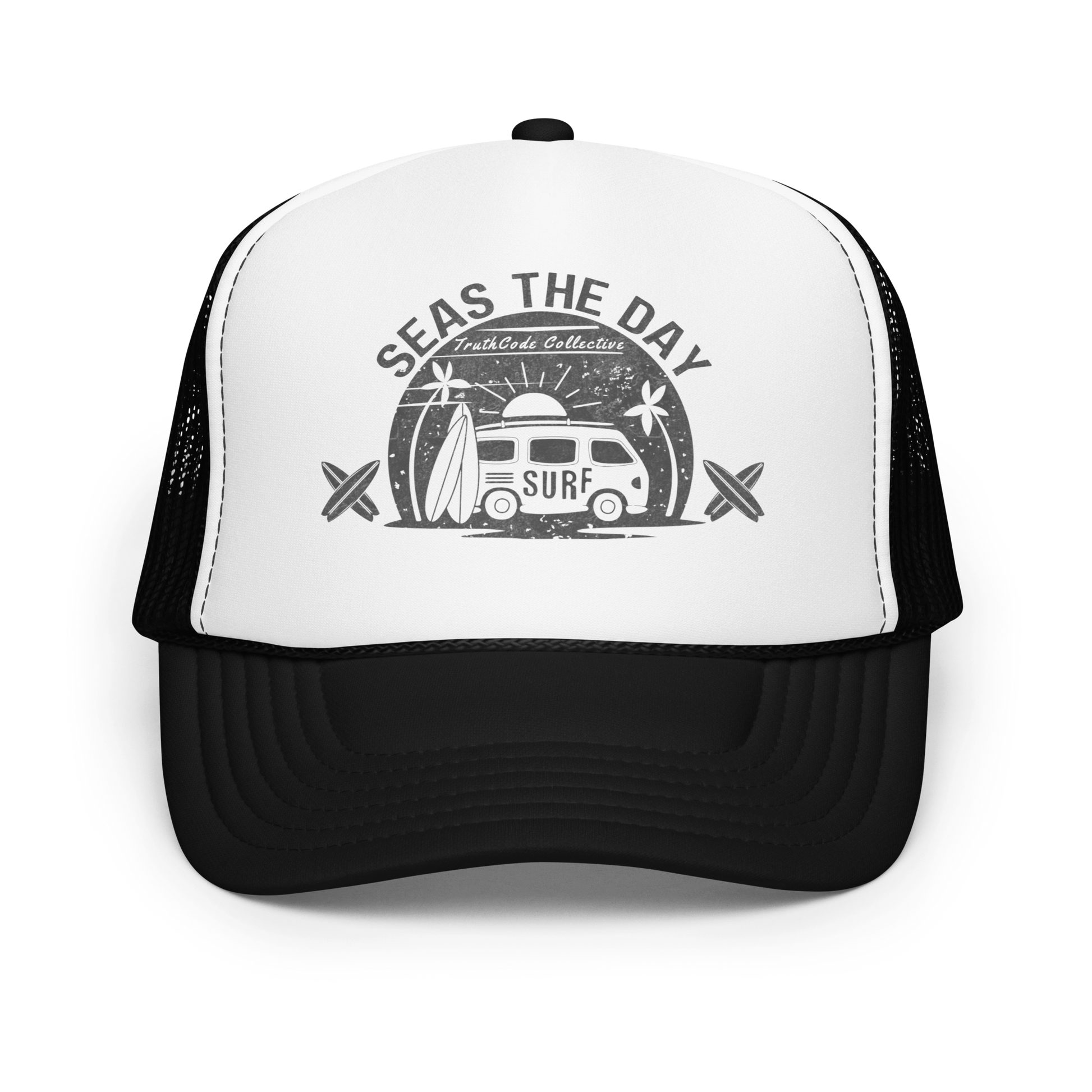 Black and white trucker hat with 'Seas the Day' graphic design on a white background