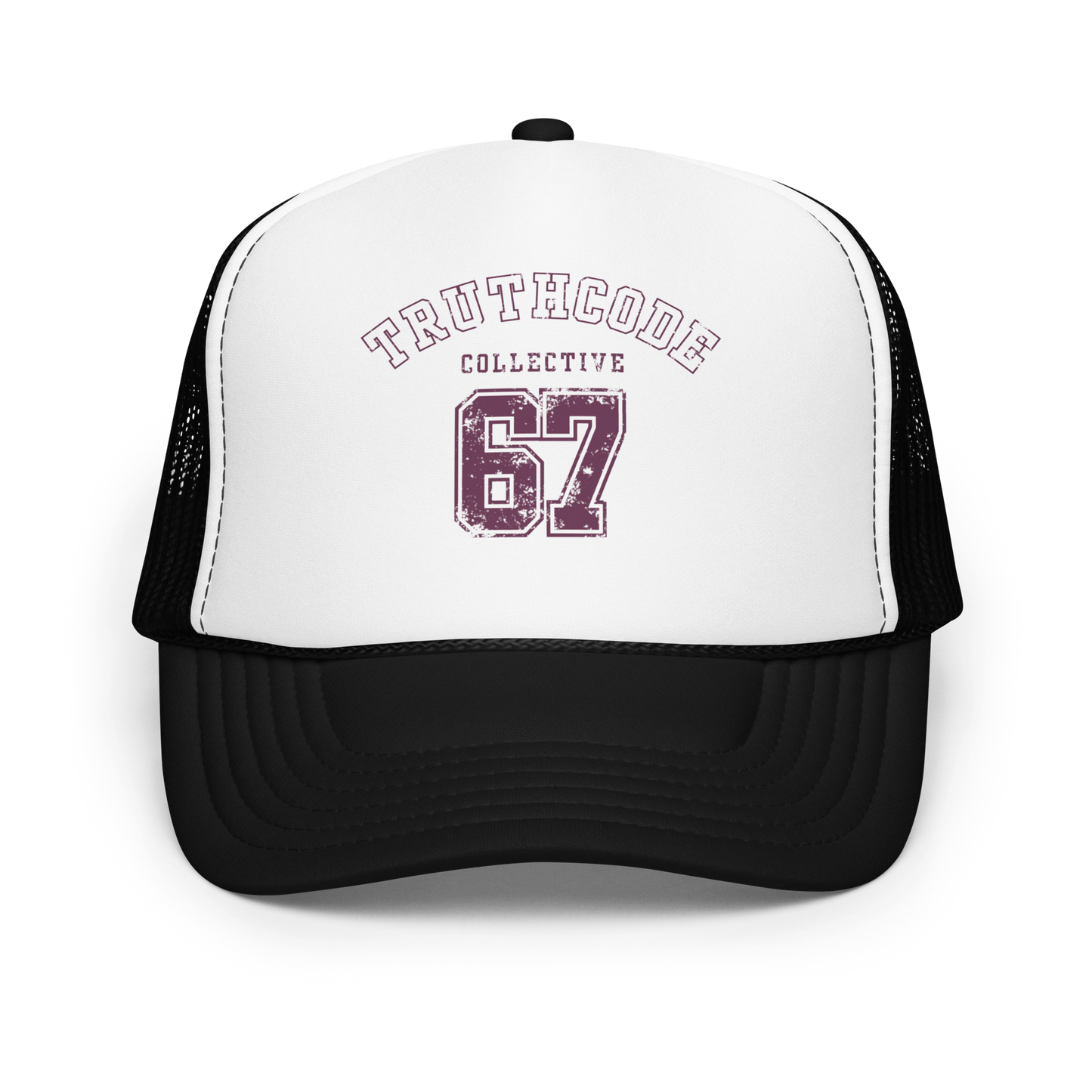 Trucker hat with 'Truthcode Collective 67' text on a white background