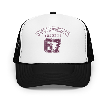 Trucker hat with 'Truthcode Collective 67' text on a white background