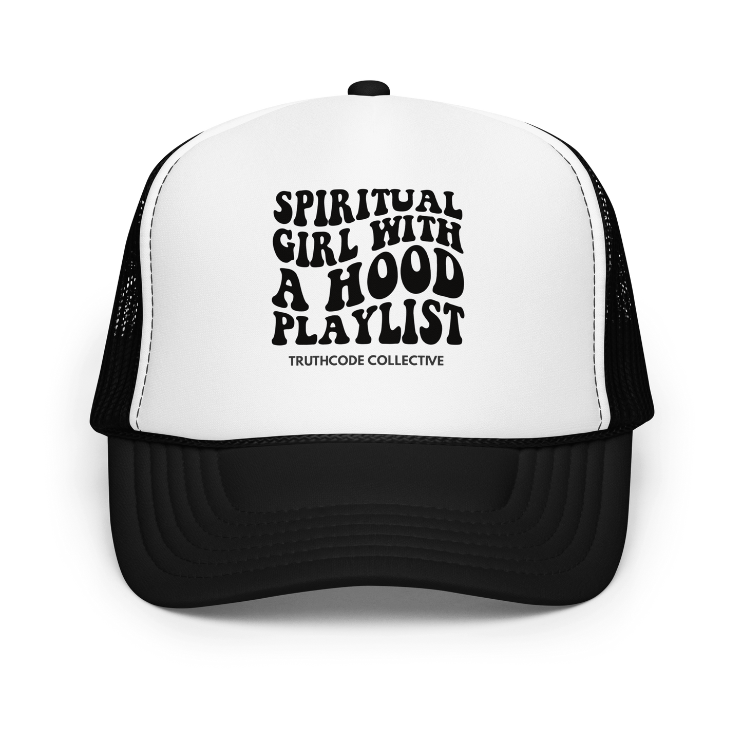 Black and white trucker hat with text 'Spiritual Girl with a Hood Playlist' on a white background