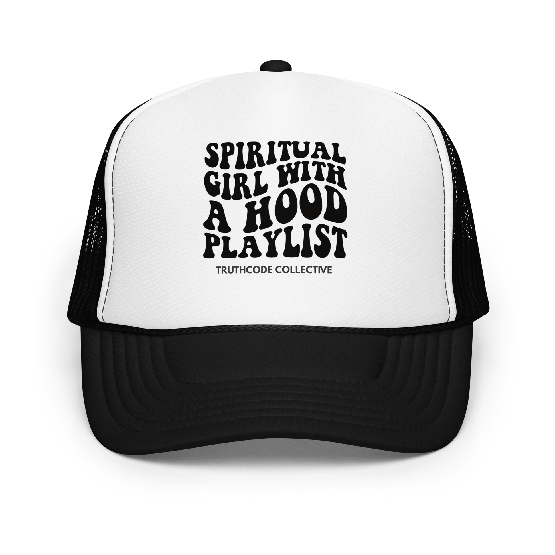 Black and white trucker hat with text 'Spiritual Girl with a Hood Playlist' on a white background