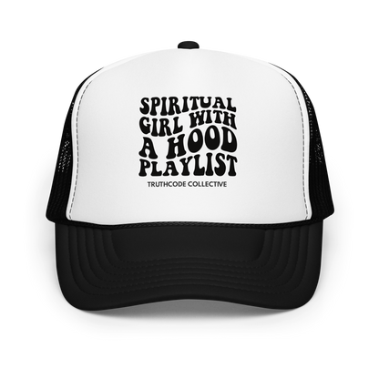 Black and white trucker hat with text 'Spiritual Girl with a Hood Playlist' on a white background