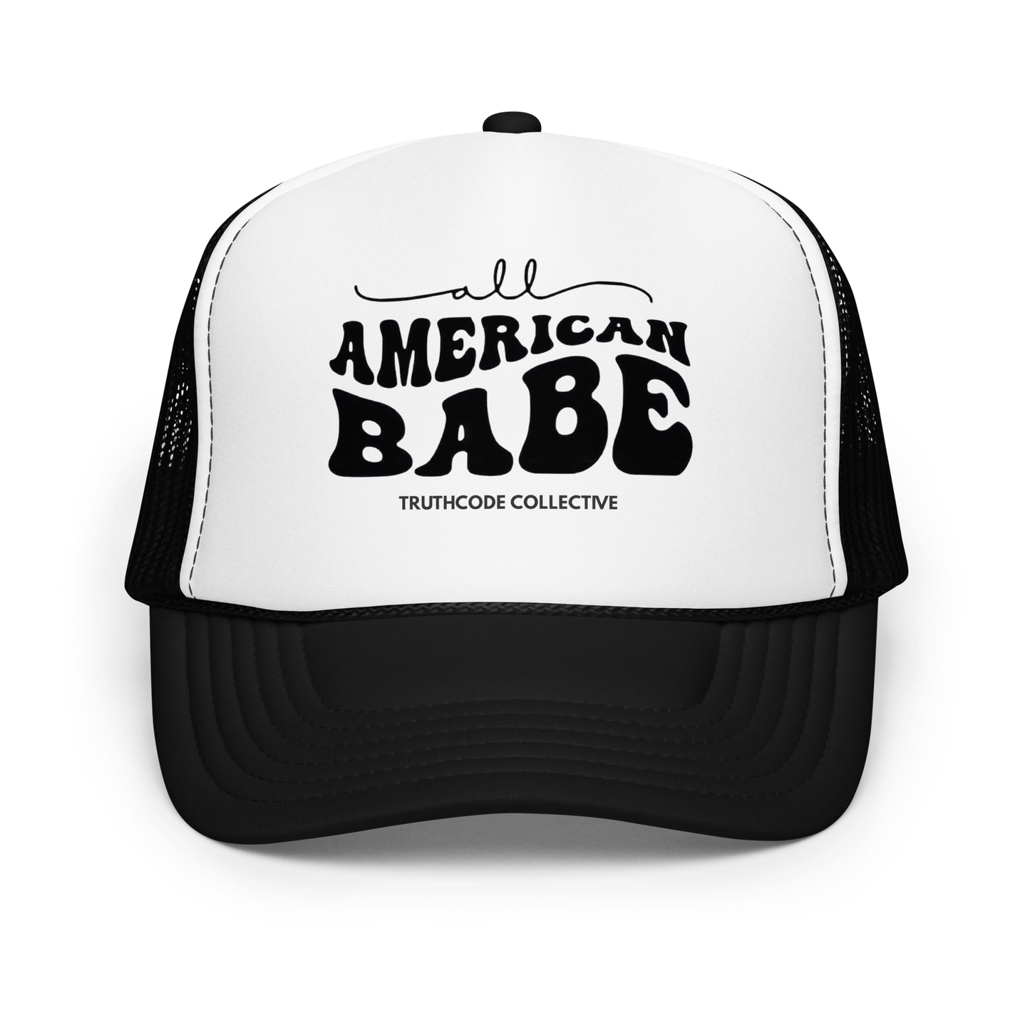 Black and white trucker hat with 'All American Babe' text on a white background