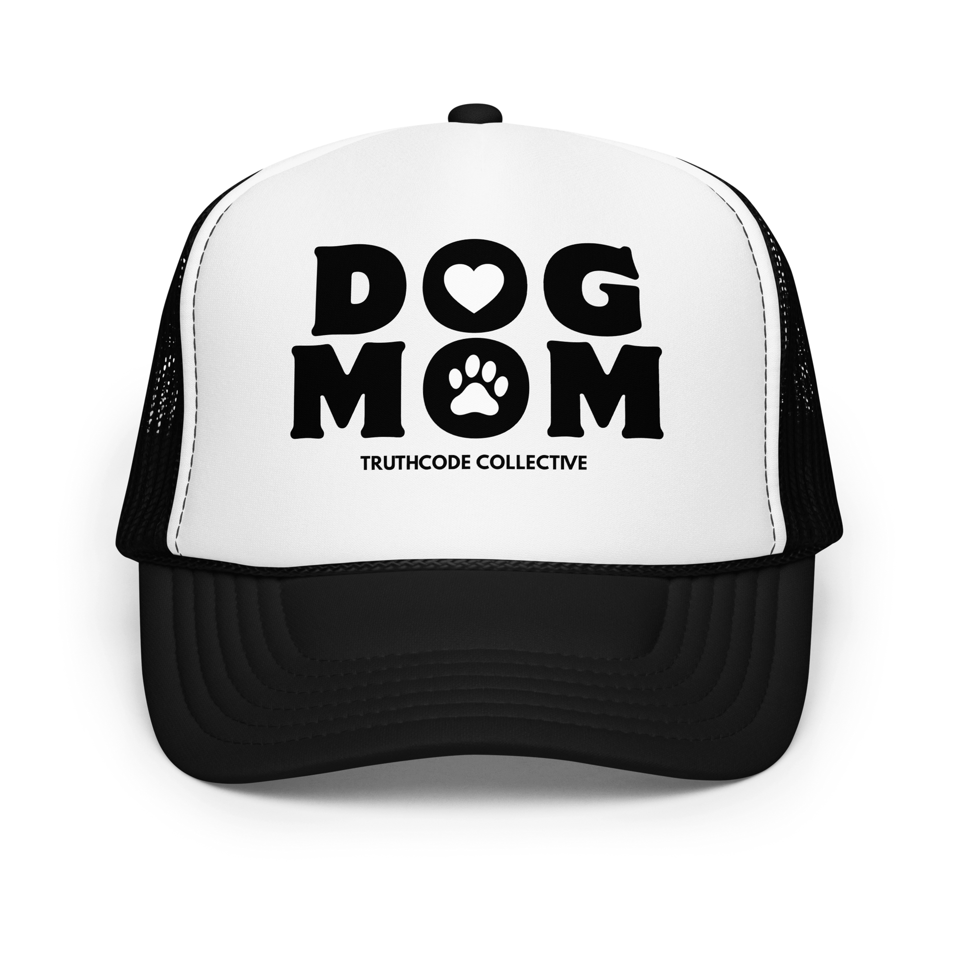 Black and white trucker hat with 'DOG MOM' text and paw print on a white background
