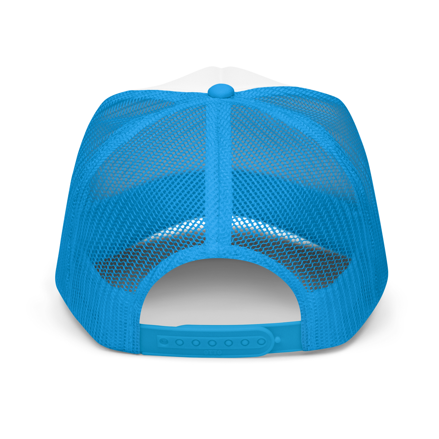Back of blue mesh cap showing adjustable snaps on a white background