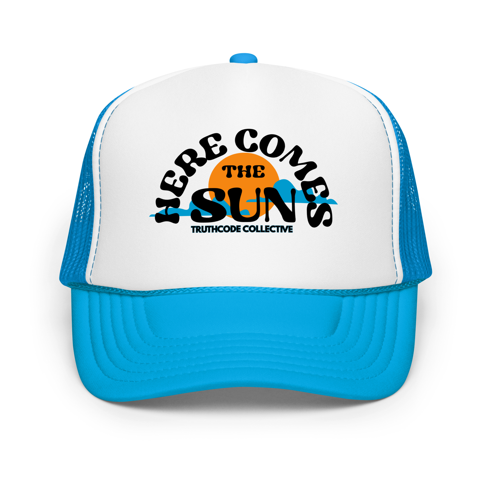 Blue and white cap with 'Here Comes the Sun' text and logo 