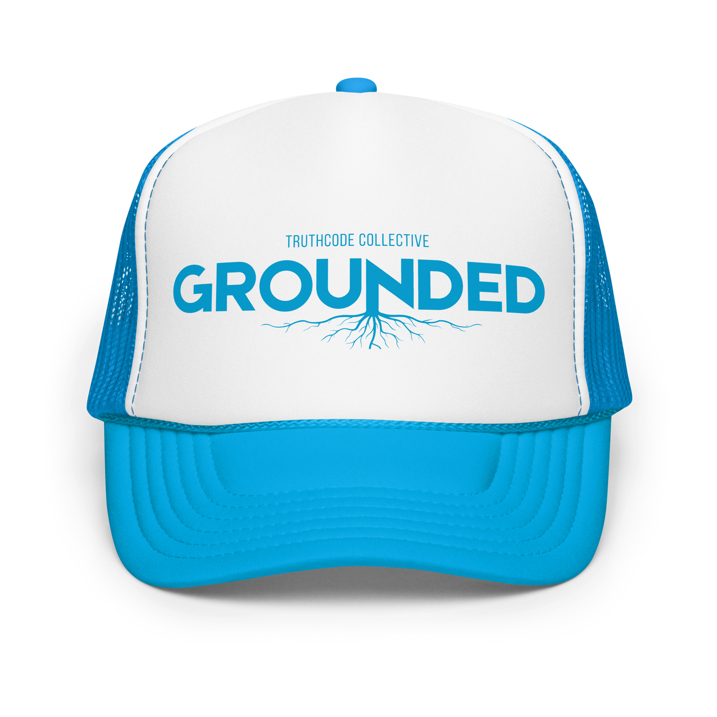 Blue and white cap with 'GROUNDED' text and tree root graphic on a white background