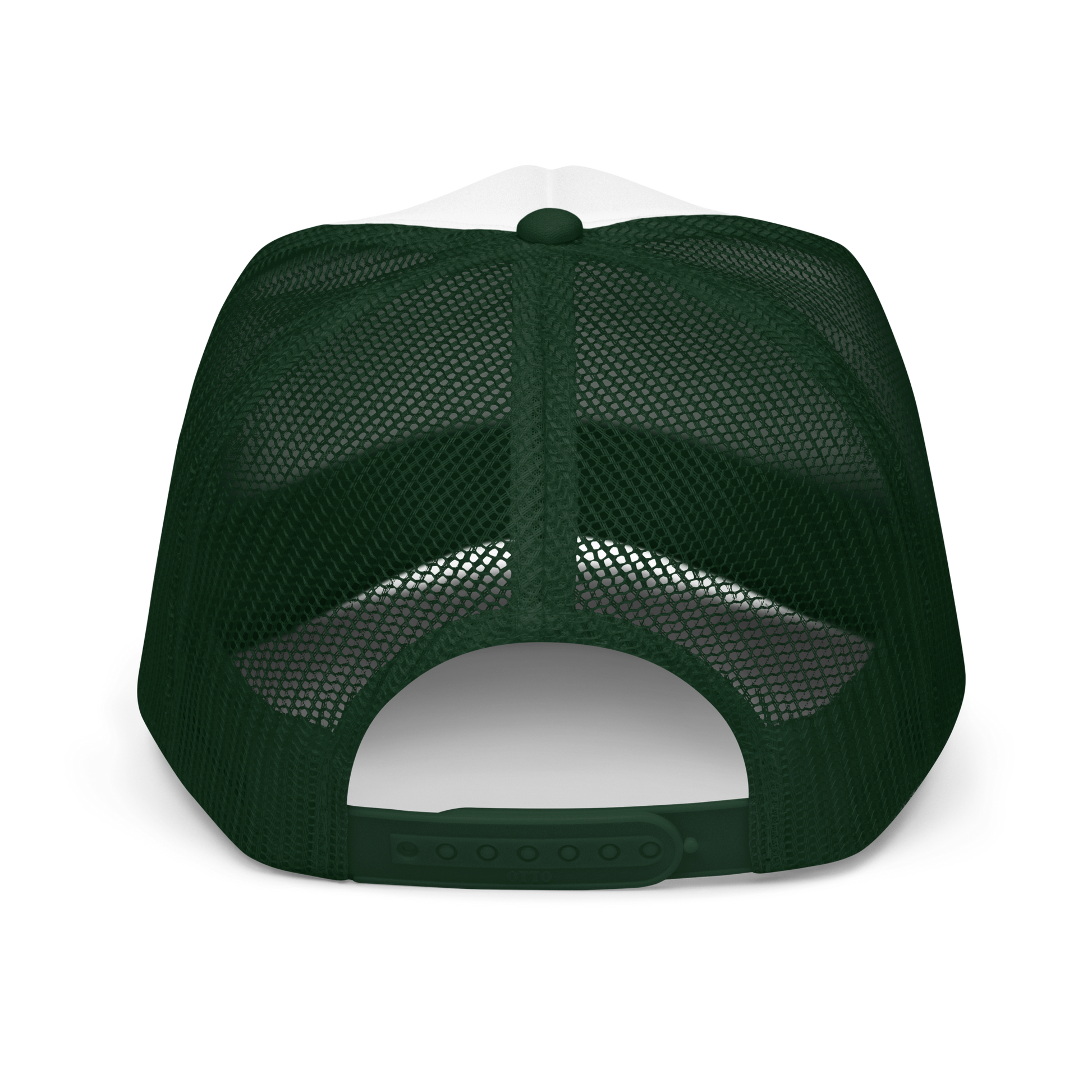Back of trucker hat showing green mesh cap and adjustable snaps