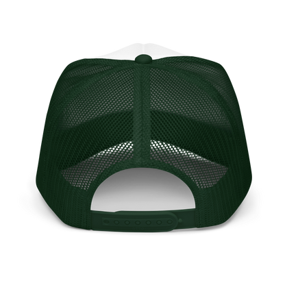 Back of trucker hat showing green mesh cap and adjustable snaps