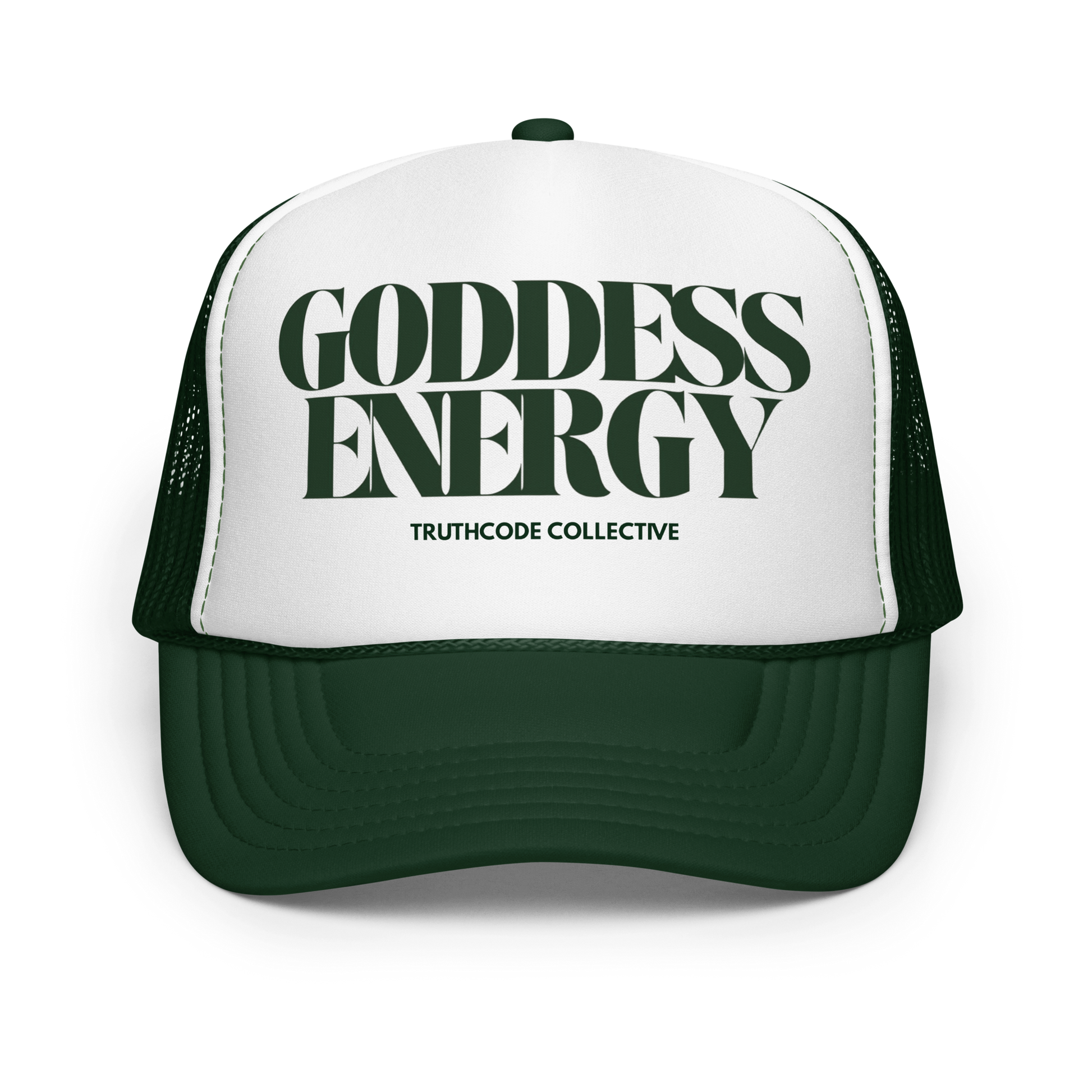 Green and white trucker hat with 'Goddess Energy' text on a white background