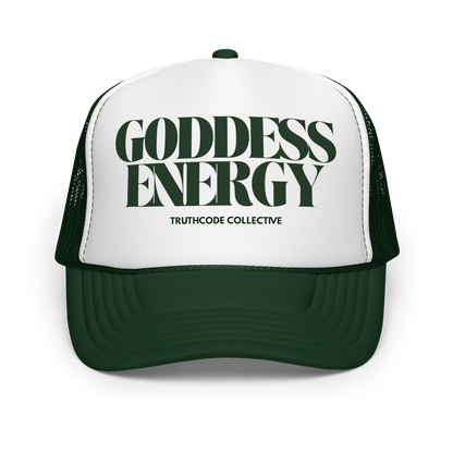 Green and white trucker hat with 'Goddess Energy' text on a white background