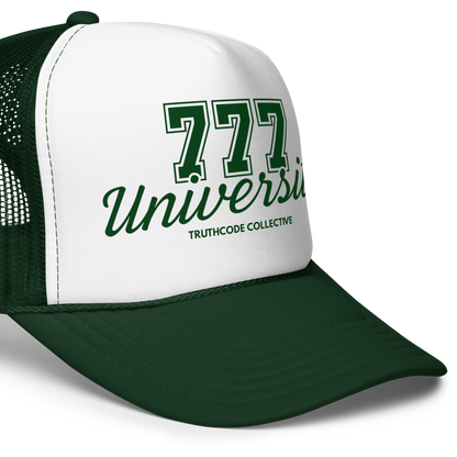 Green and white trucker hat with '777 University' text on a white background