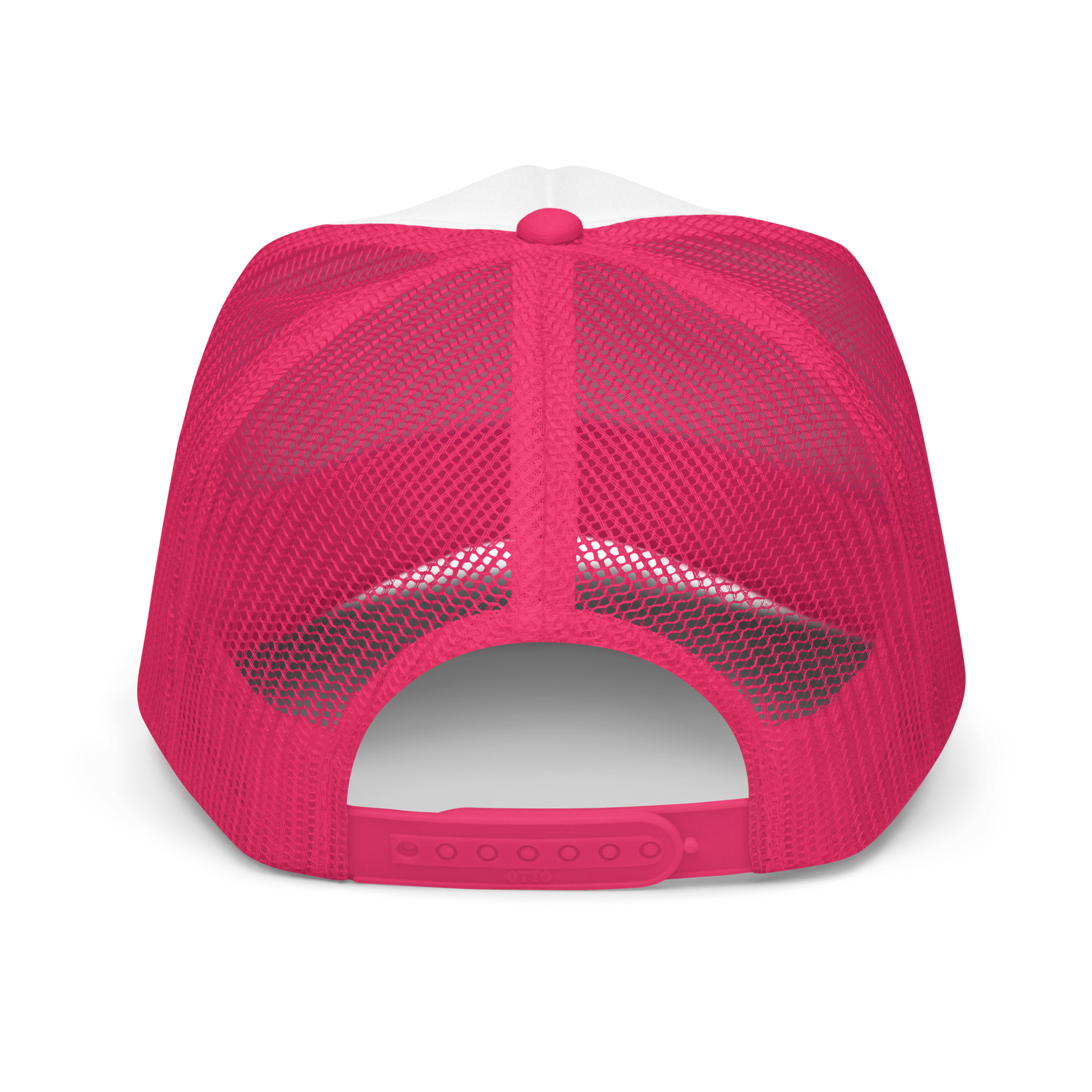 Back of pink trucker hat showing mesh cap and adjustable snaps