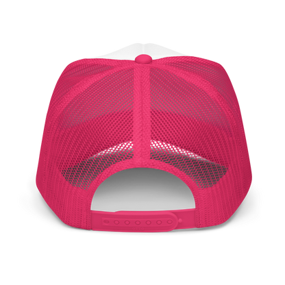 Back of pink trucker hat showing mesh cap and adjustable snaps