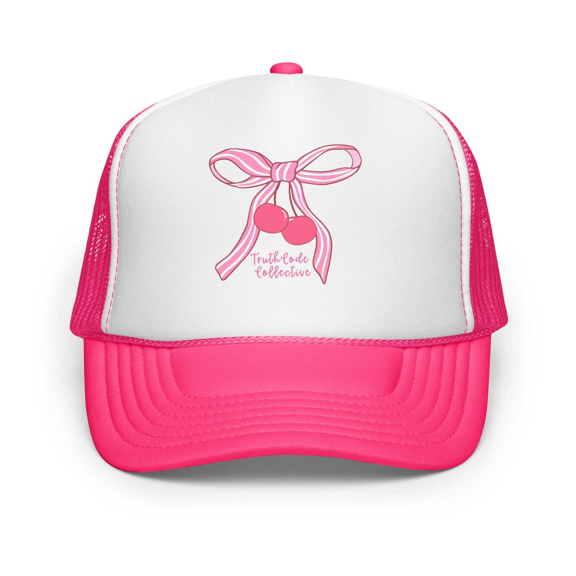 Pink and white trucker hat with a bow and cherry design on a white background