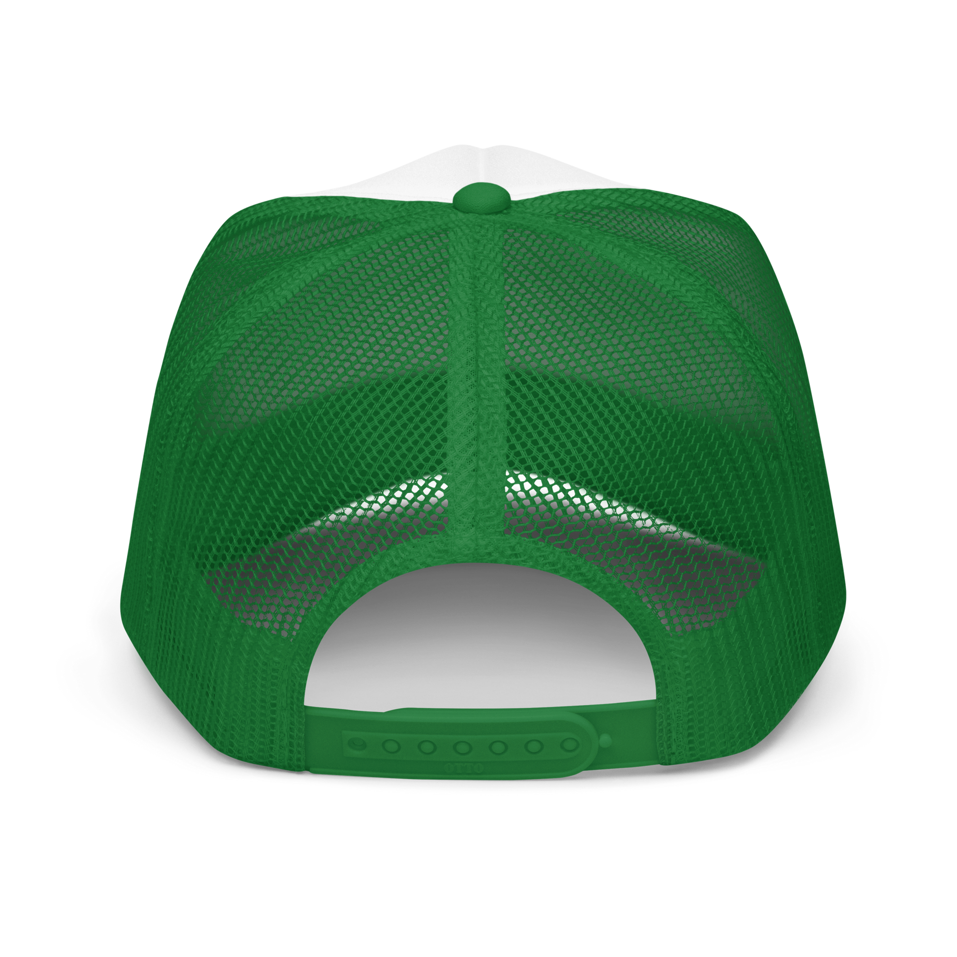 Back of green trucker hat showing adjustable snaps