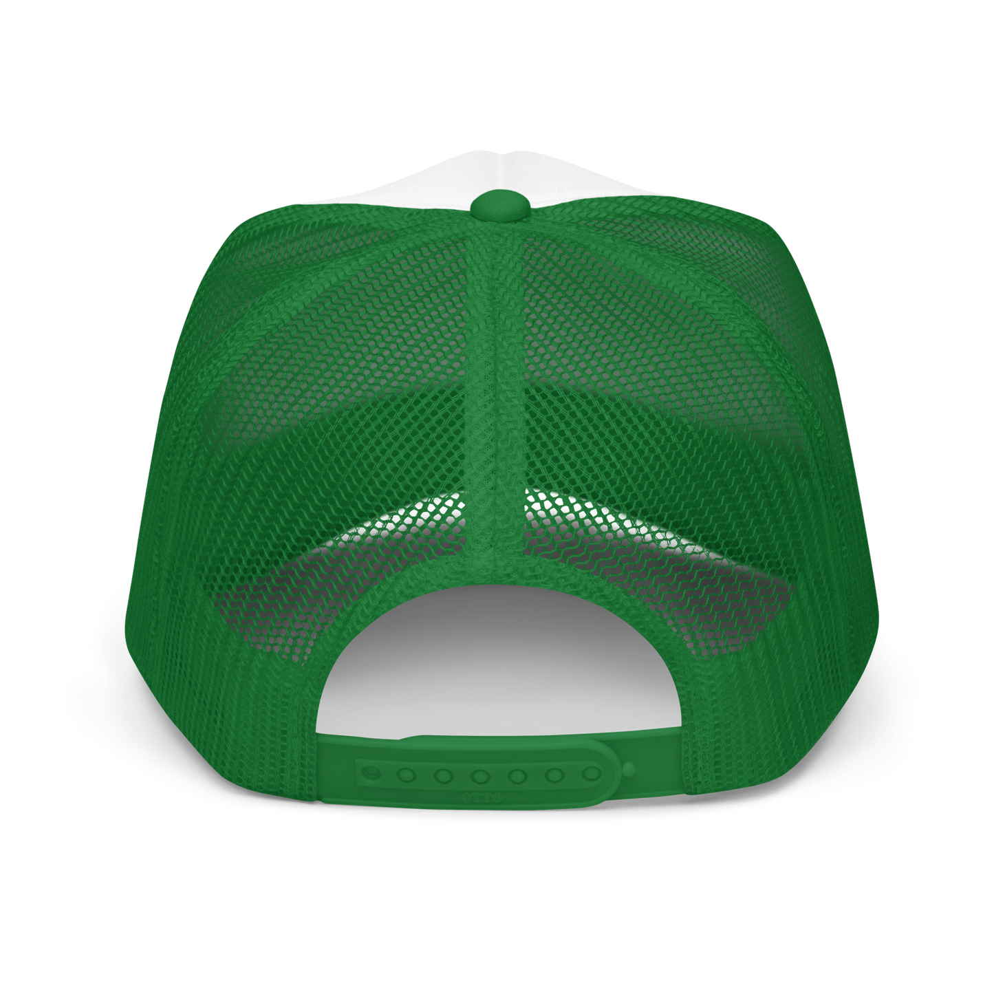 Back of trucker hat showing green mesh and adjustable snaps, hat on a white background