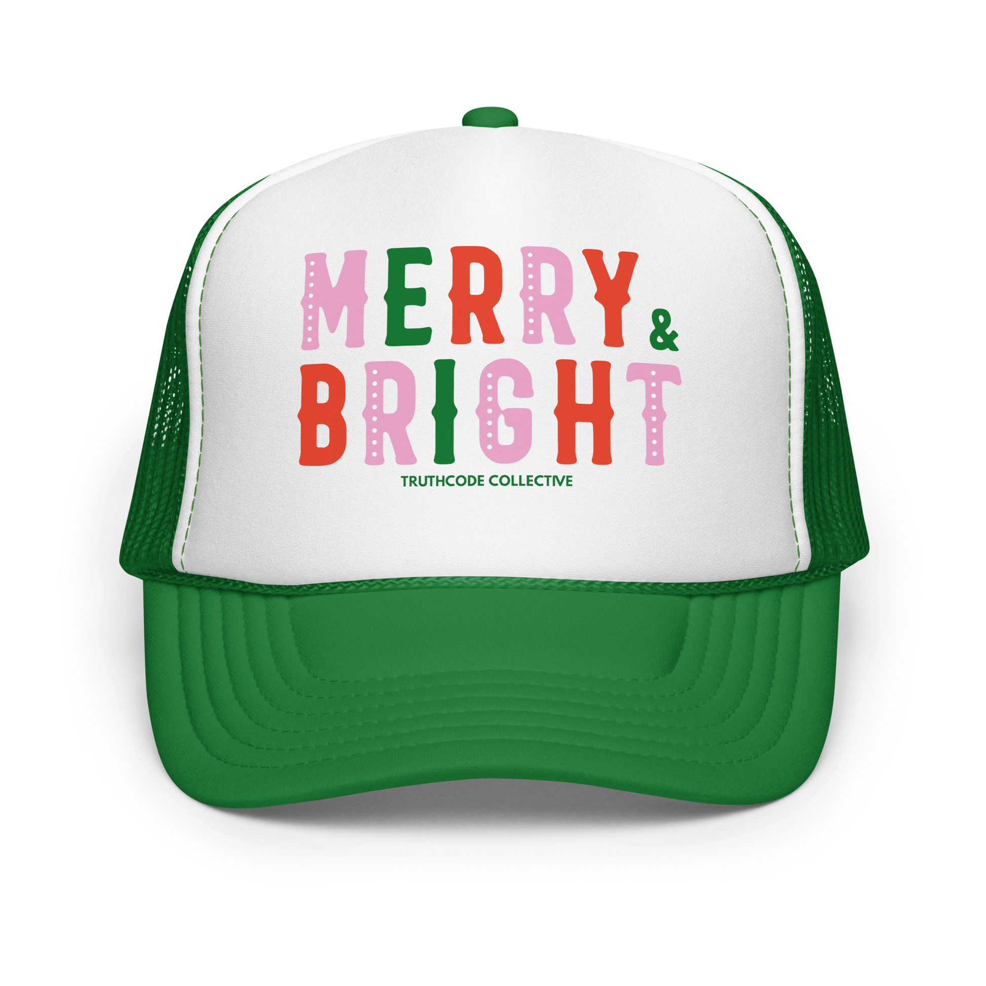 Green and white trucker hat with 'Merry & Bright' text on a white background