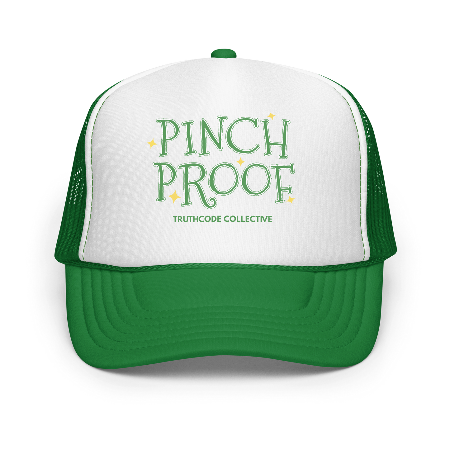 Green and white trucker hat with 'Pinch Proof' text on a white background