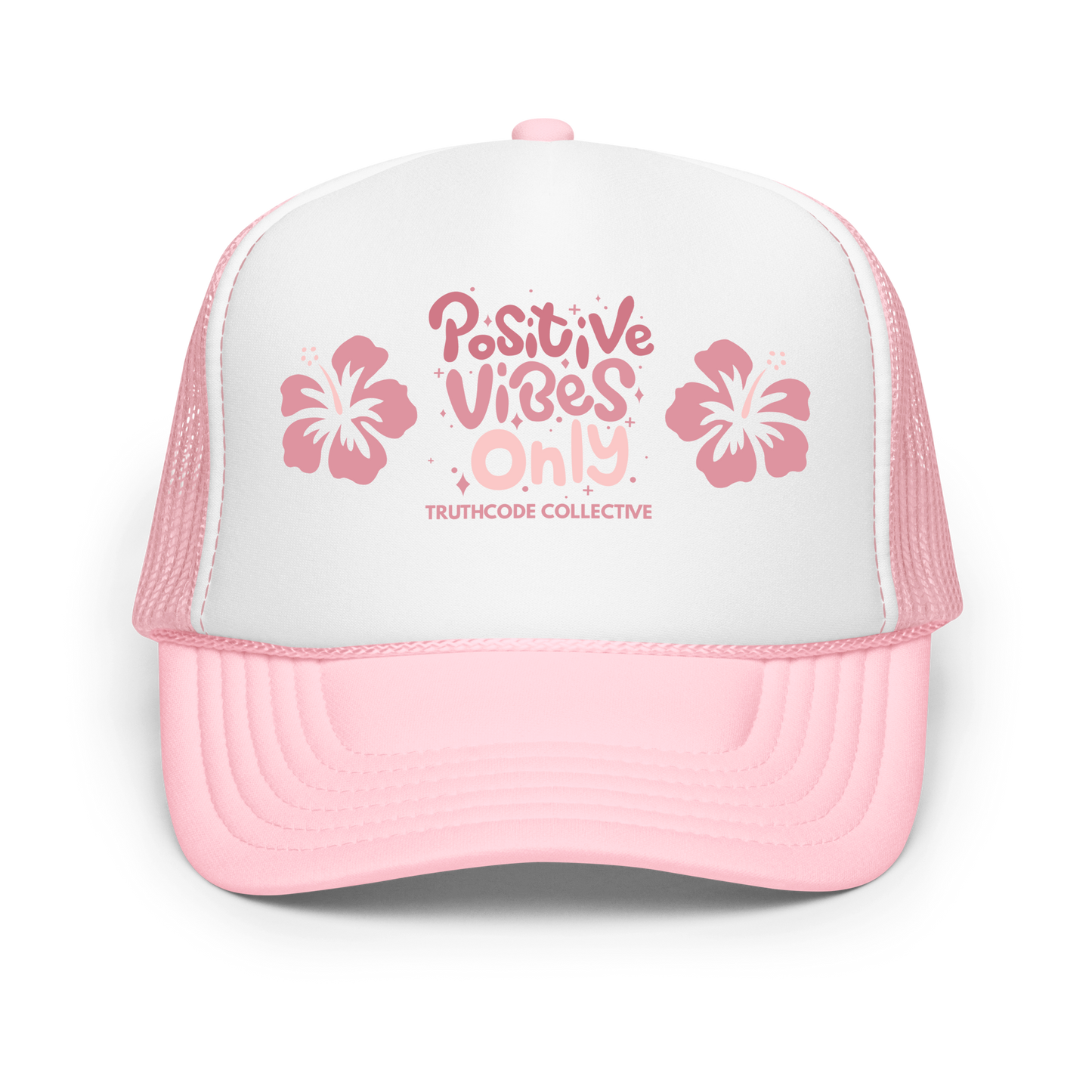 Pink and white cap with 'Positive Vibes Only' text and flowers 