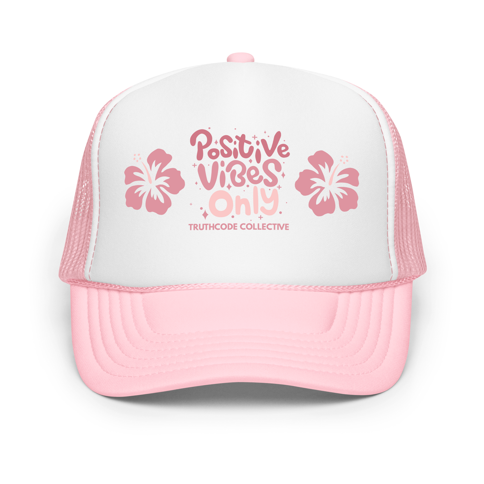 Pink and white cap with 'Positive Vibes Only' text and flowers 