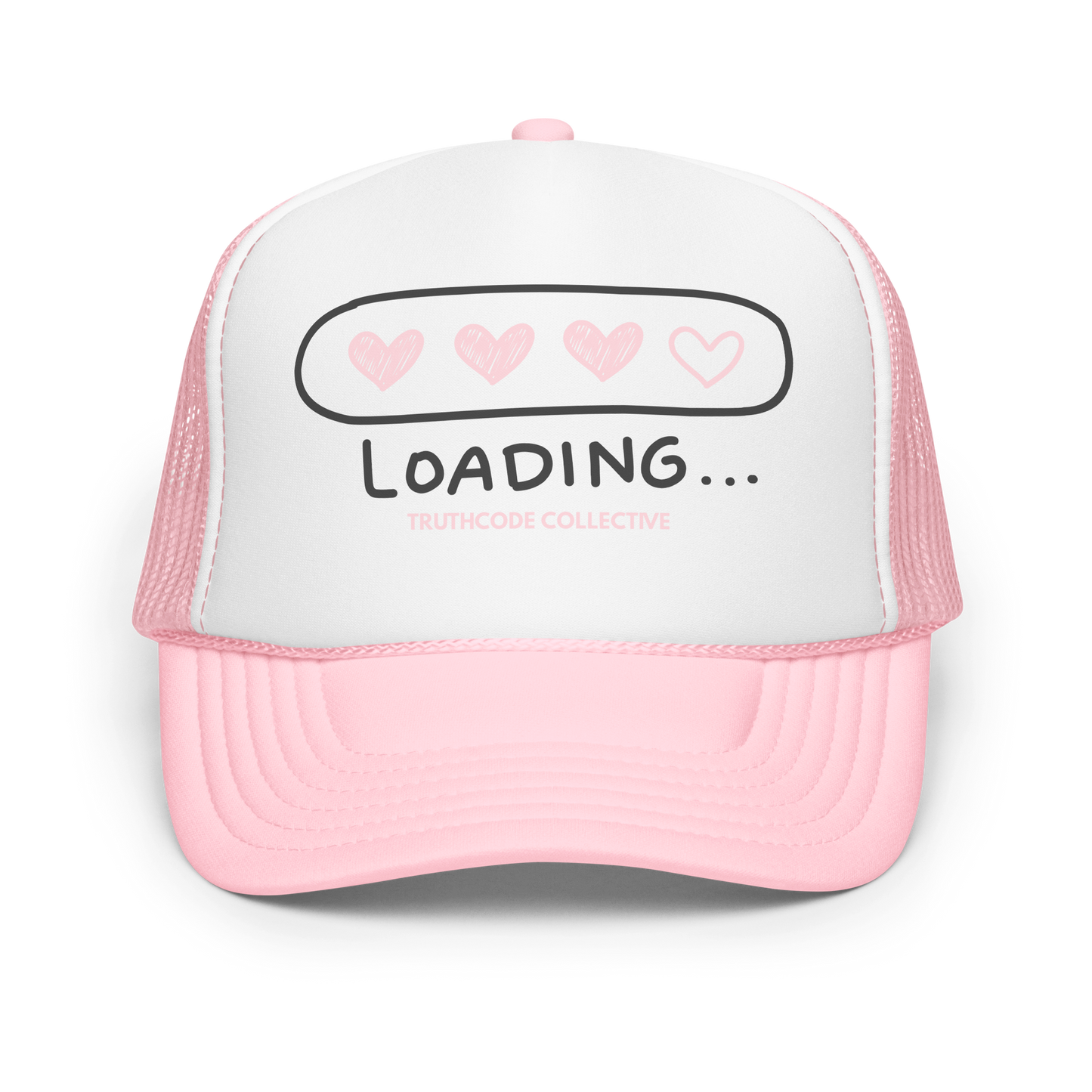 Pink and white trucker hat with 'LOADING...' text and heart symbols on a white background