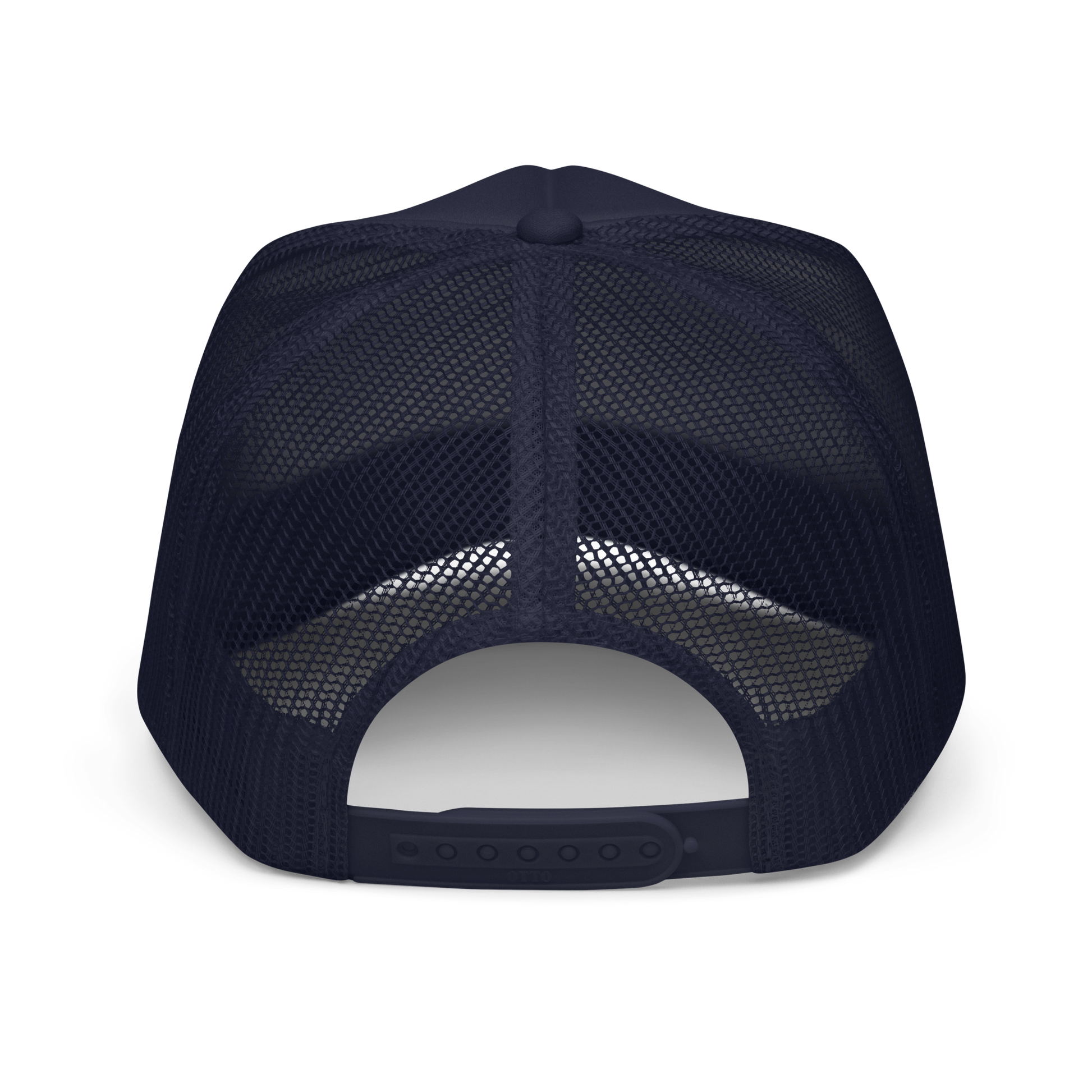 Back of navy blue mesh cap showing adjustable snaps on a white background