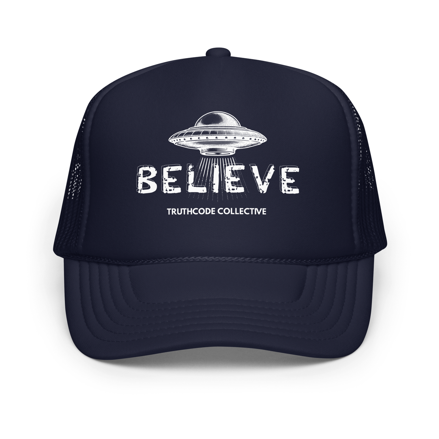 Navy blue trucker cap with UFO design and 'BELIEVE' text on a white background
