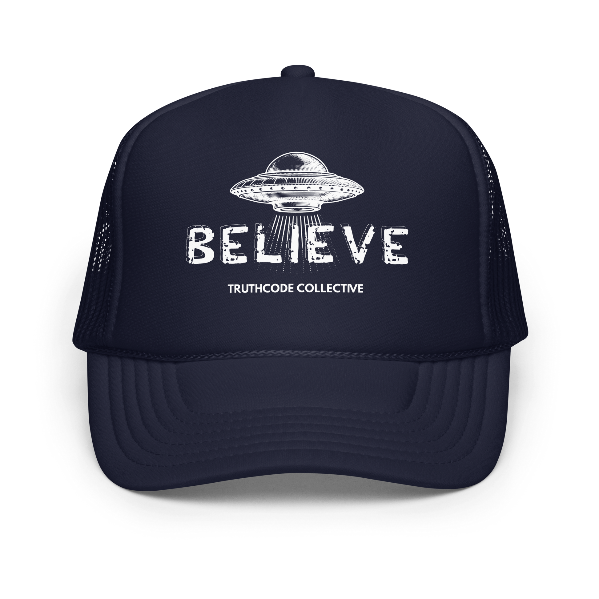 Navy blue trucker cap with UFO design and 'BELIEVE' text on a white background