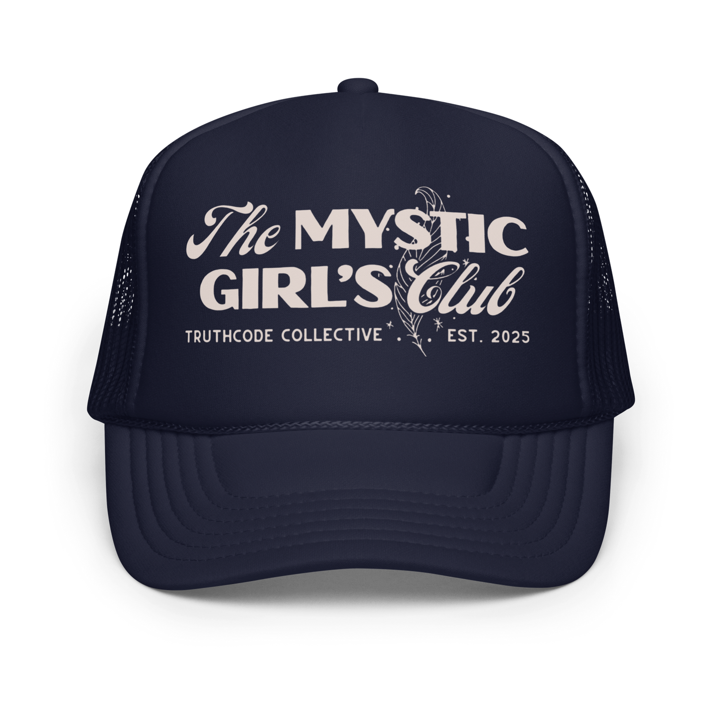 Navy blue trucker hat with 'The Mystic Girl's Club' text on a white background