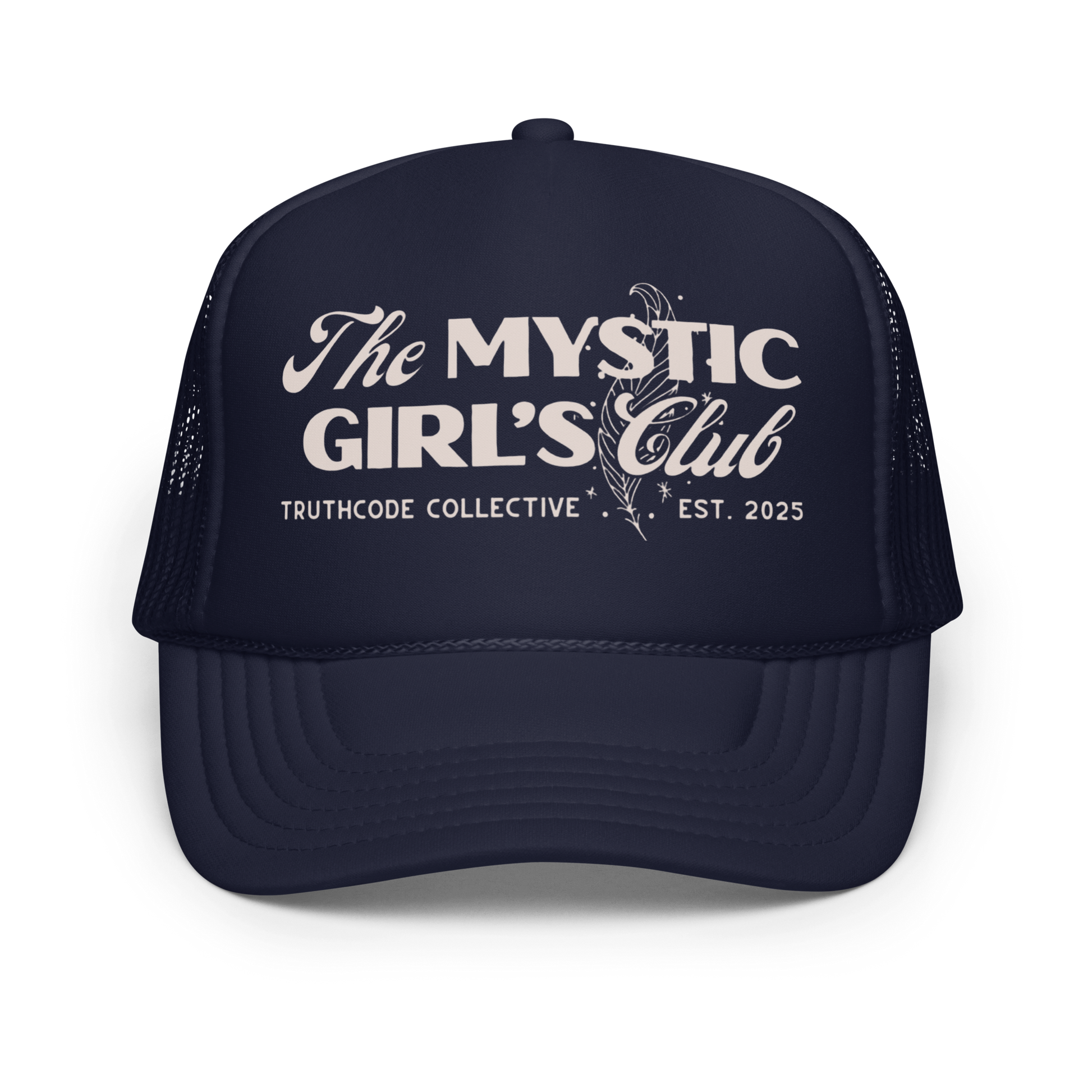 Navy blue trucker hat with 'The Mystic Girl's Club' text on a white background