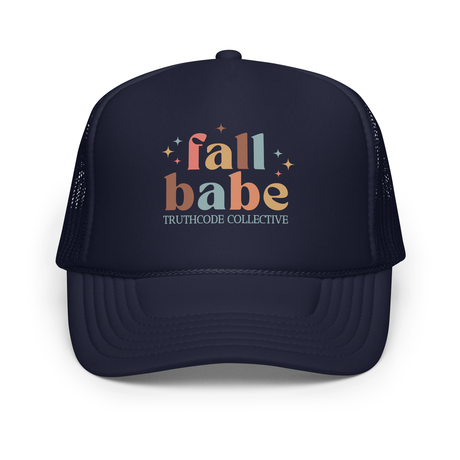 Navy blue trucker hat with 'fall babe' text and 'TRUTHCODE COLLECTIVE' on a white background